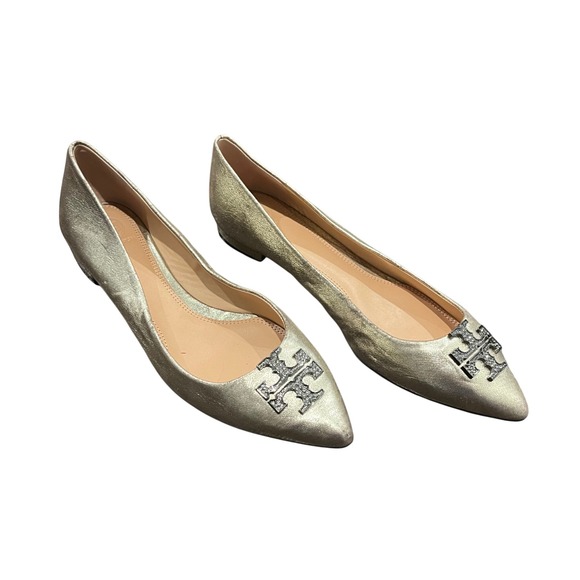 Tory Burch Shoes - Tory Burch Metallic Gold Pointed Toe Logo Flats
